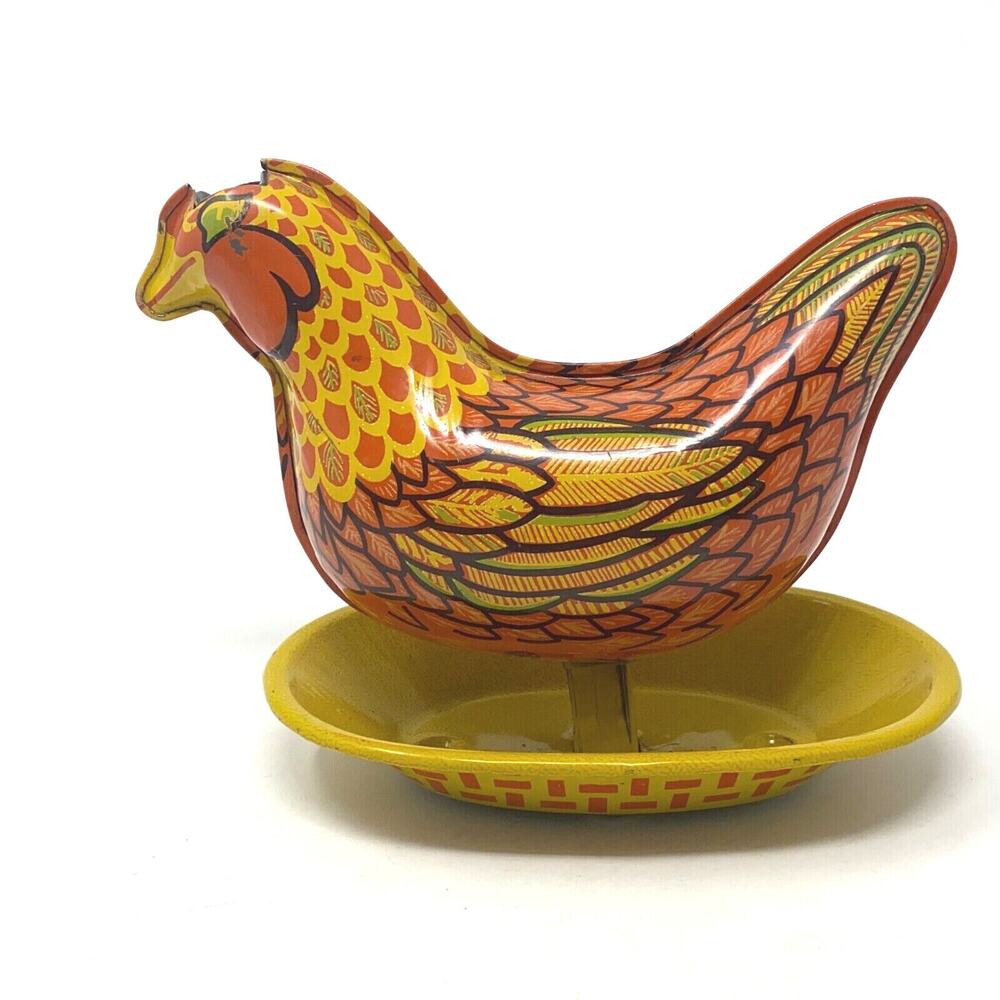 VTG 1940s Wyandotte Tin Chicken Toy Candy Dispenser Litho Farm Folk Art Kitsch